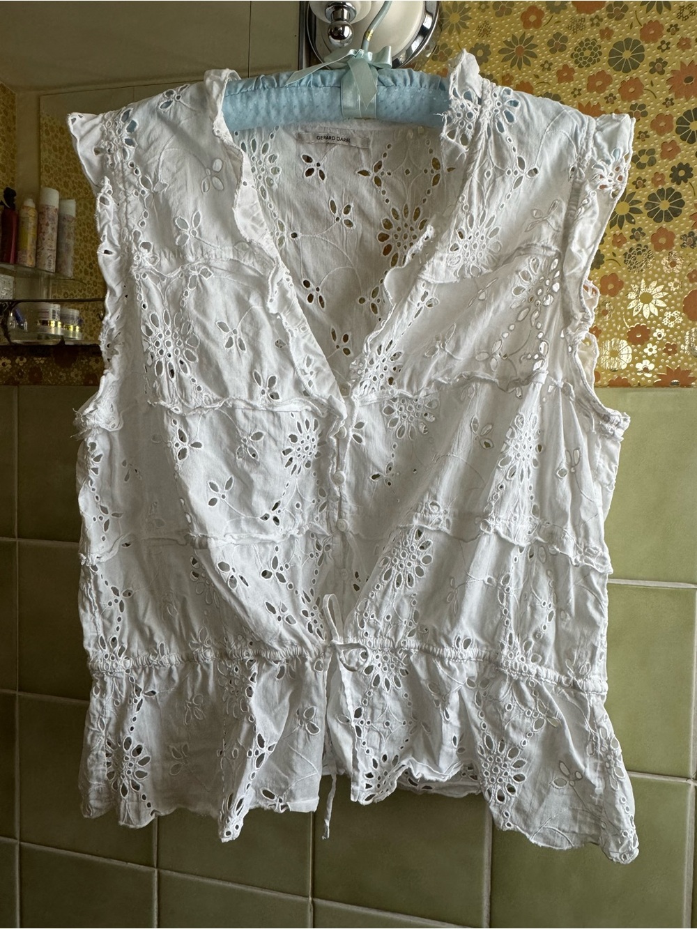 Gerard Darel White Eyelet Sleeveless Peplum Blouse